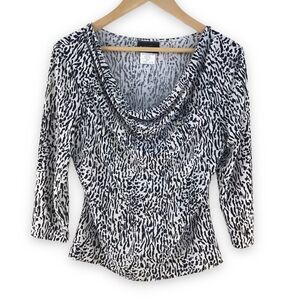 Libra Womens Cowl Neck Animal Print‎ 3/4 Sleeve Top Black White Size M 1033